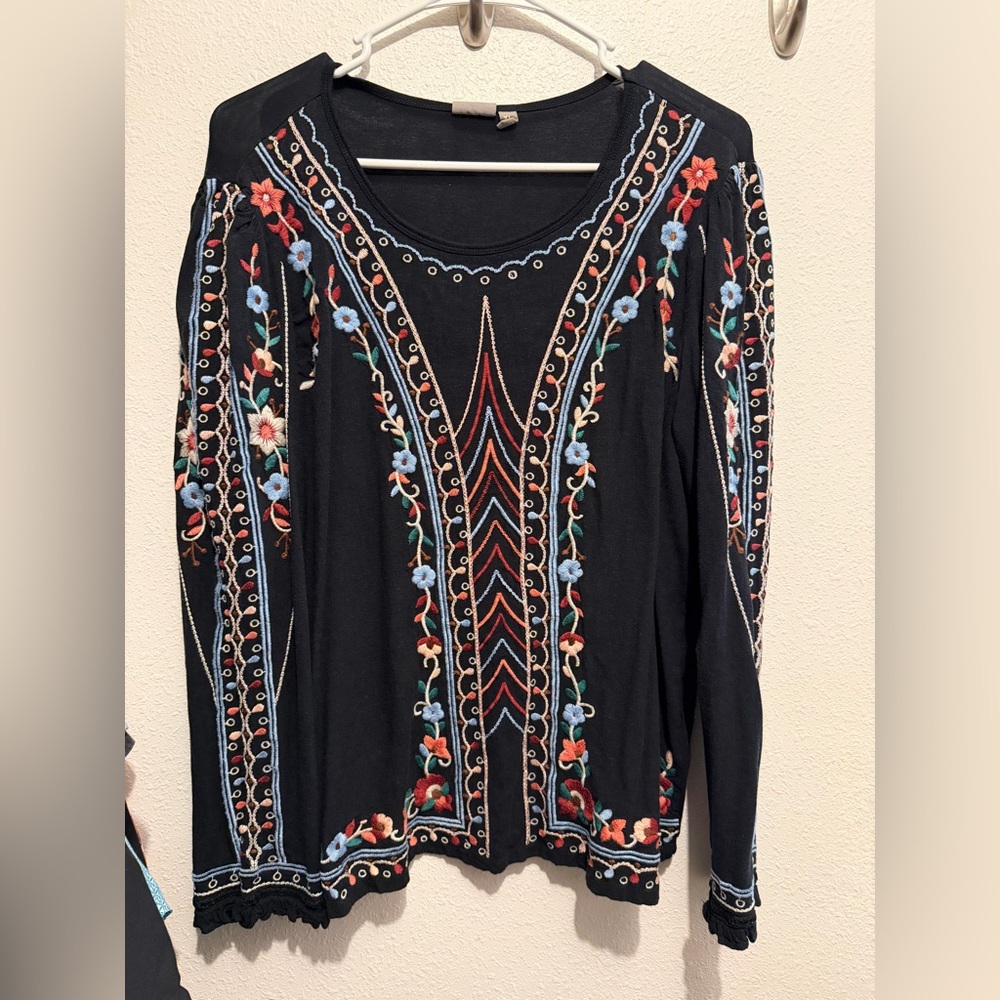 Anthropologie Embroidered Black Floral Top